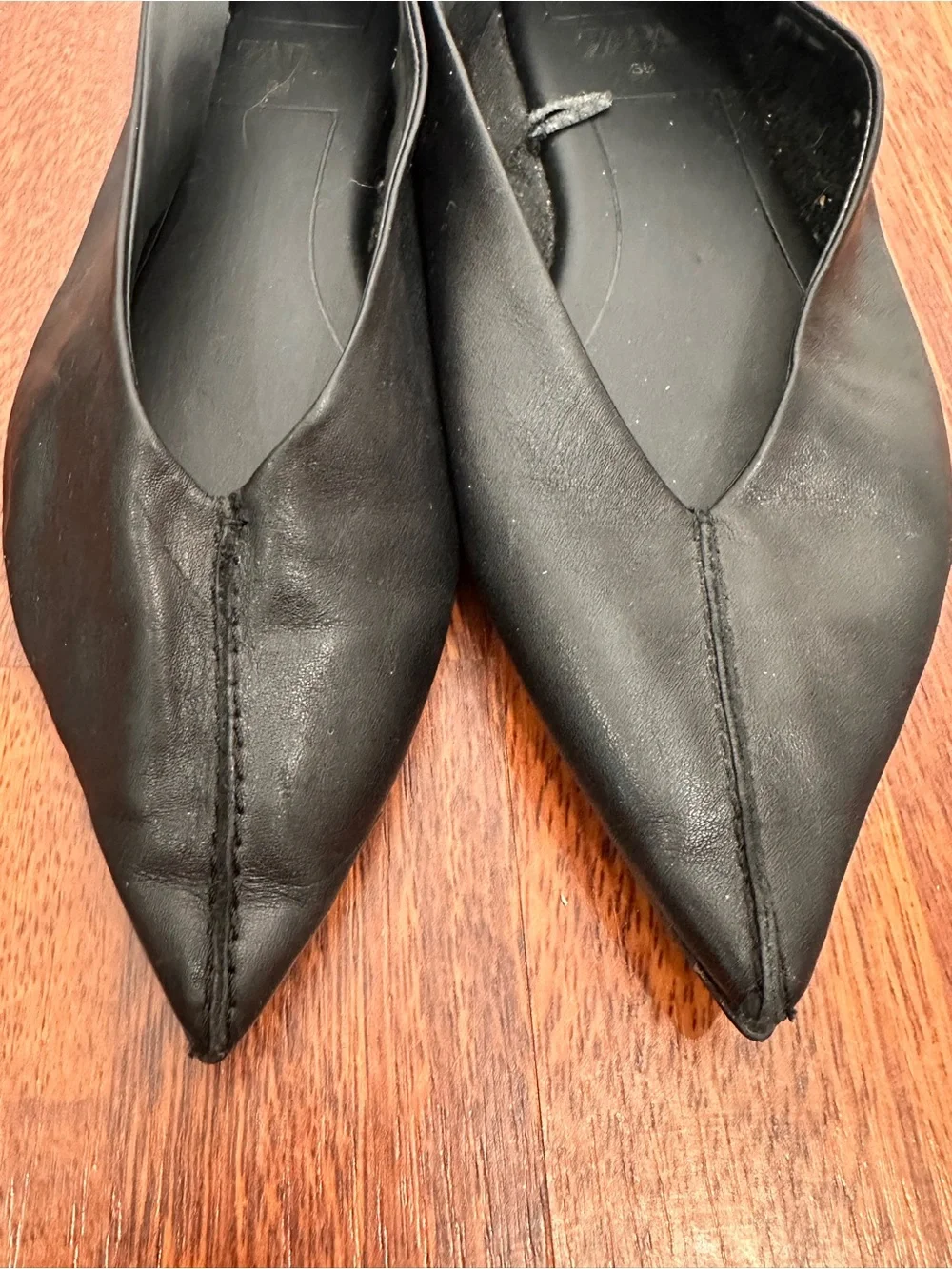 ZARA Black Pointed Leather Slip-On for Ballet Flats. Balletcore. Minimalist. 7.5